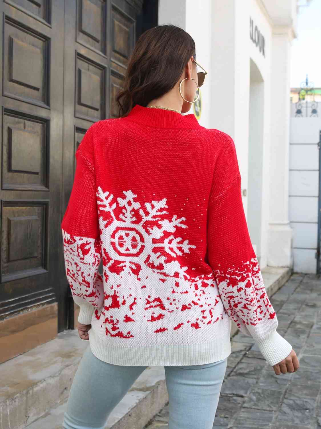 Snowflake Pattern Mock Neck Sweater - Tigbuls Variety Fashion