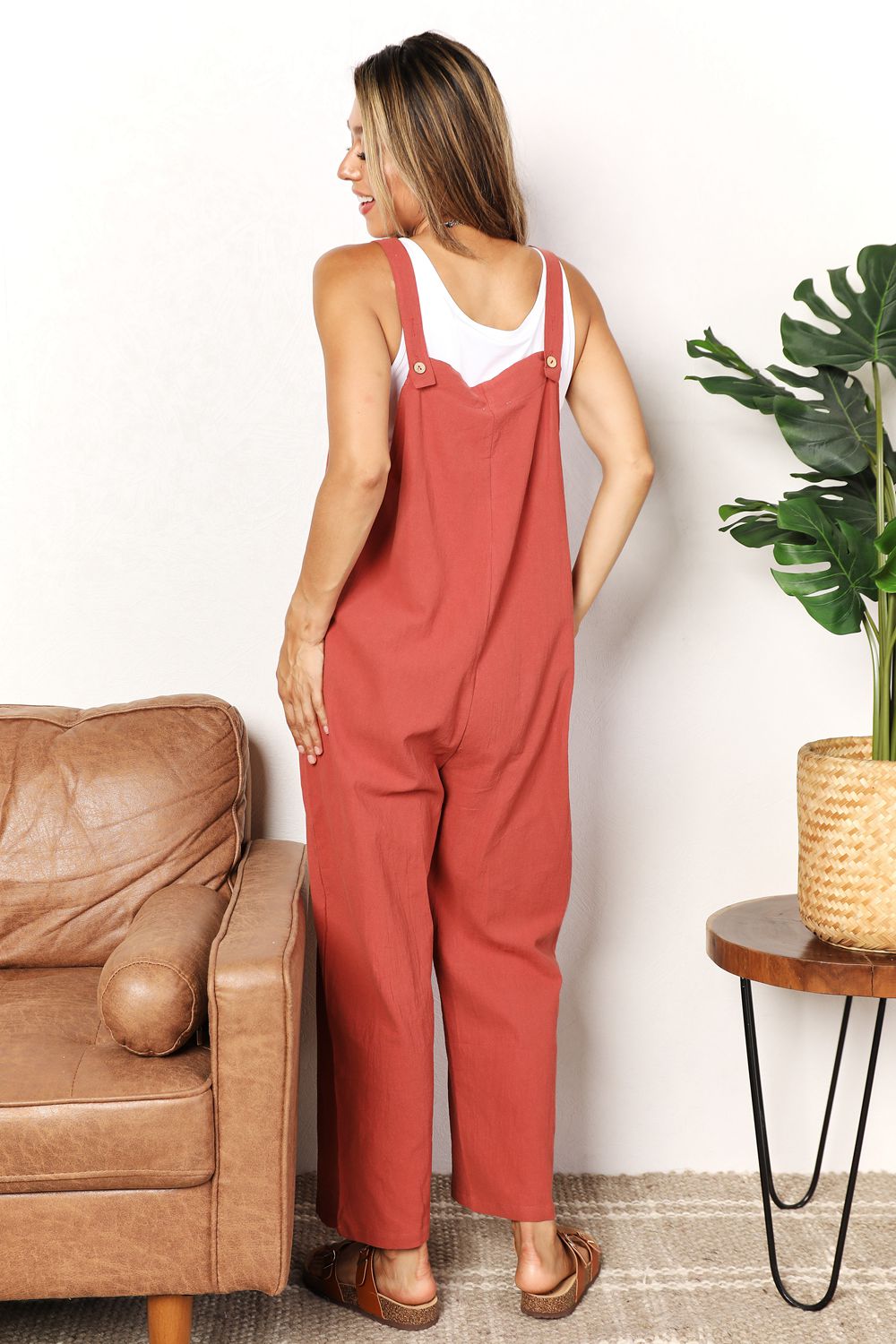 Red Orange Wide Leg Overalls with Front Pockets - Tigbuls Fashion