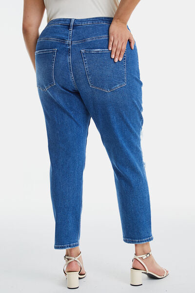 Full Size Run Distressed High Waist Mom Blue Jeans - Tigbuls Variety Fashion