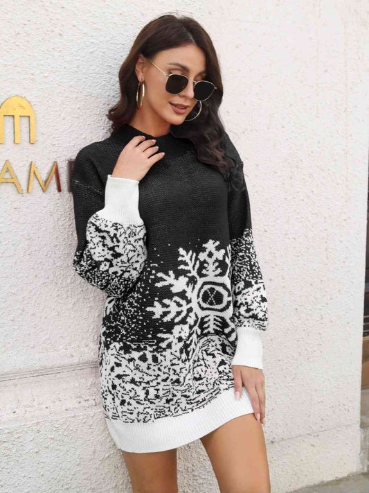 Snowflake Pattern Sweater Dress - Tigbuls Variety Fashion