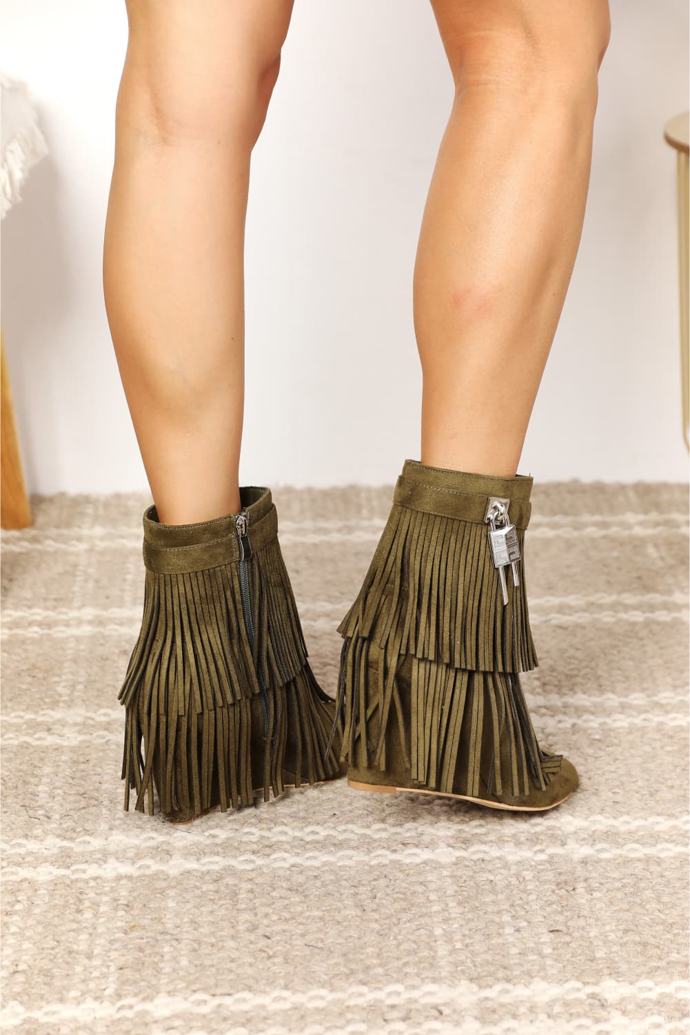 Women's Green Tassel Wedge Heel Ankle Booties - Tigbuls Variety Fashion