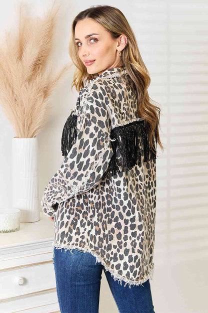 Double Take Leopard Fringe Detail Collared Neck Denim Jacket - Tigbuls Variety Fashion