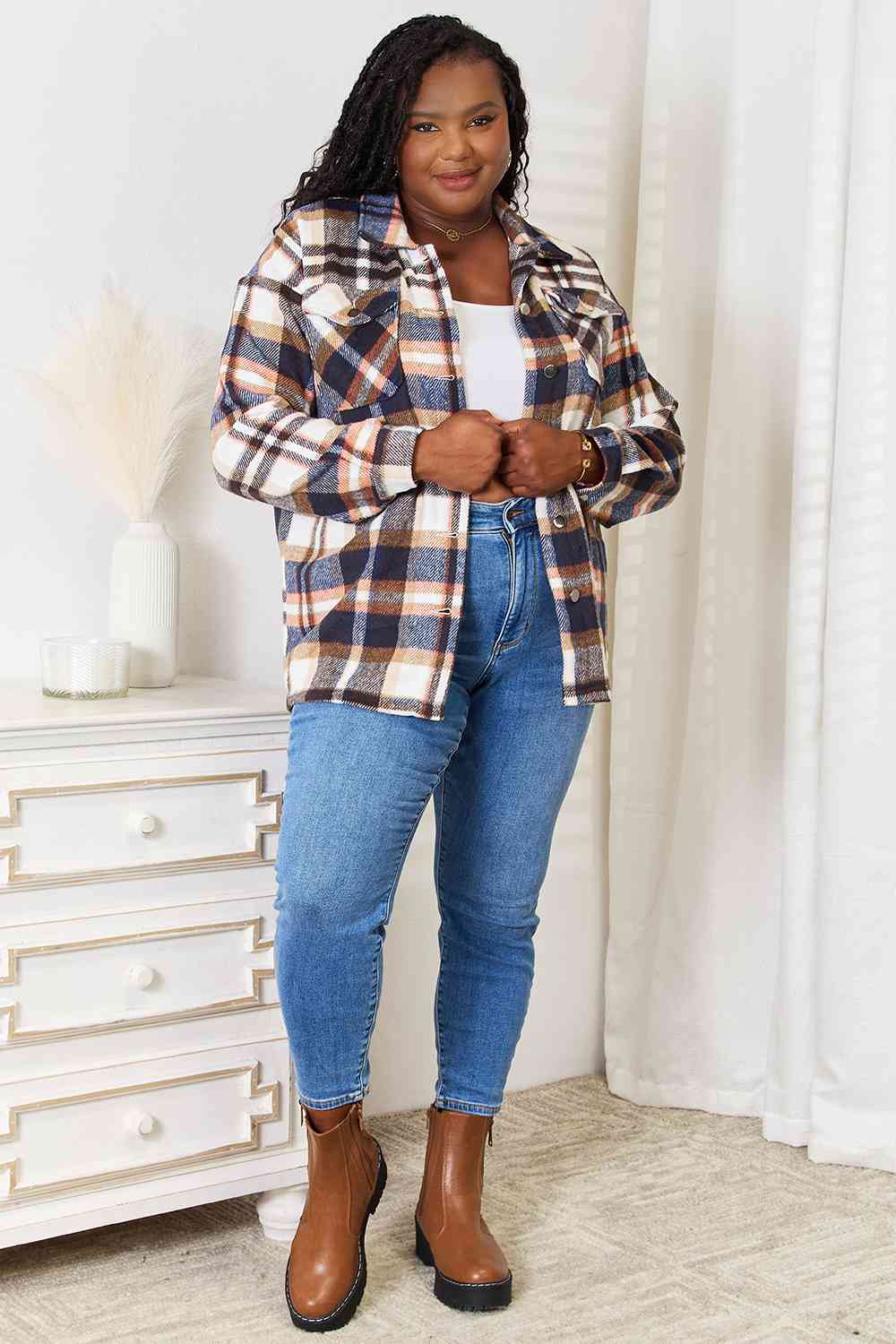 Double Take Plaid Button Front Shirt Jacket with Breast Pockets - Tigbuls Variety Fashion