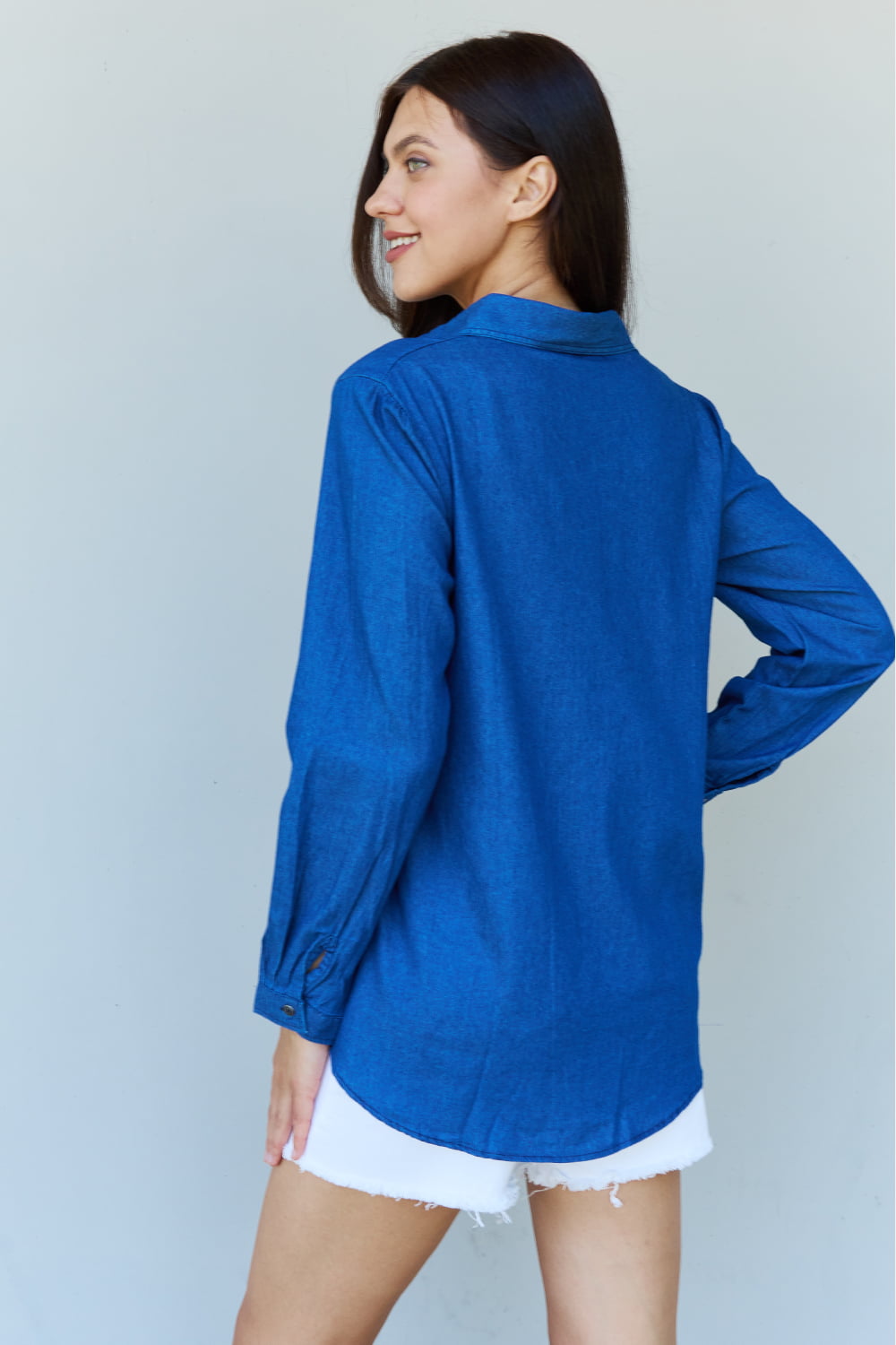 Doublju Blue Jean Baby Denim Button Down Shirt Top in Dark Blue - Tigbul's Fashion