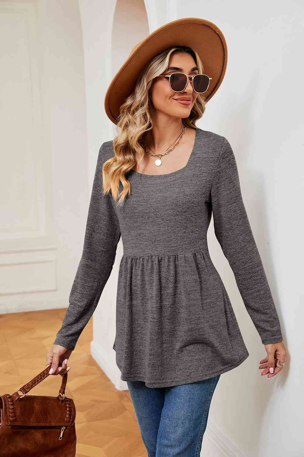 Square Neck Long Sleeve Peplum Top - Tigbuls Variety Fashion