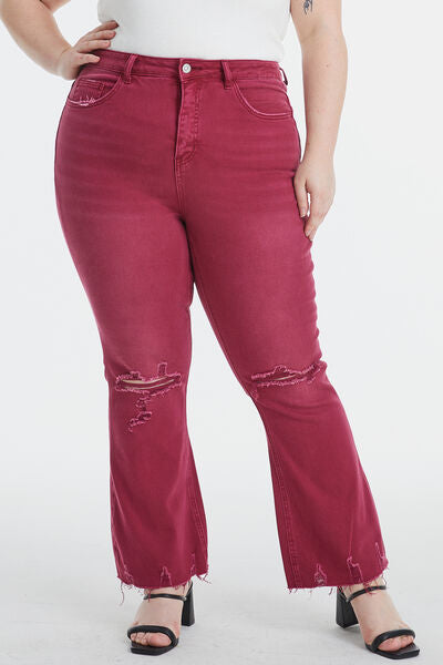 Red High Waist Distressed Raw Hem Flare Jeans S-22W - Tigbuls Variety Fashion