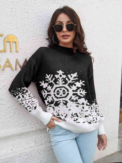 Snowflake Pattern Mock Neck Sweater - Tigbuls Variety Fashion