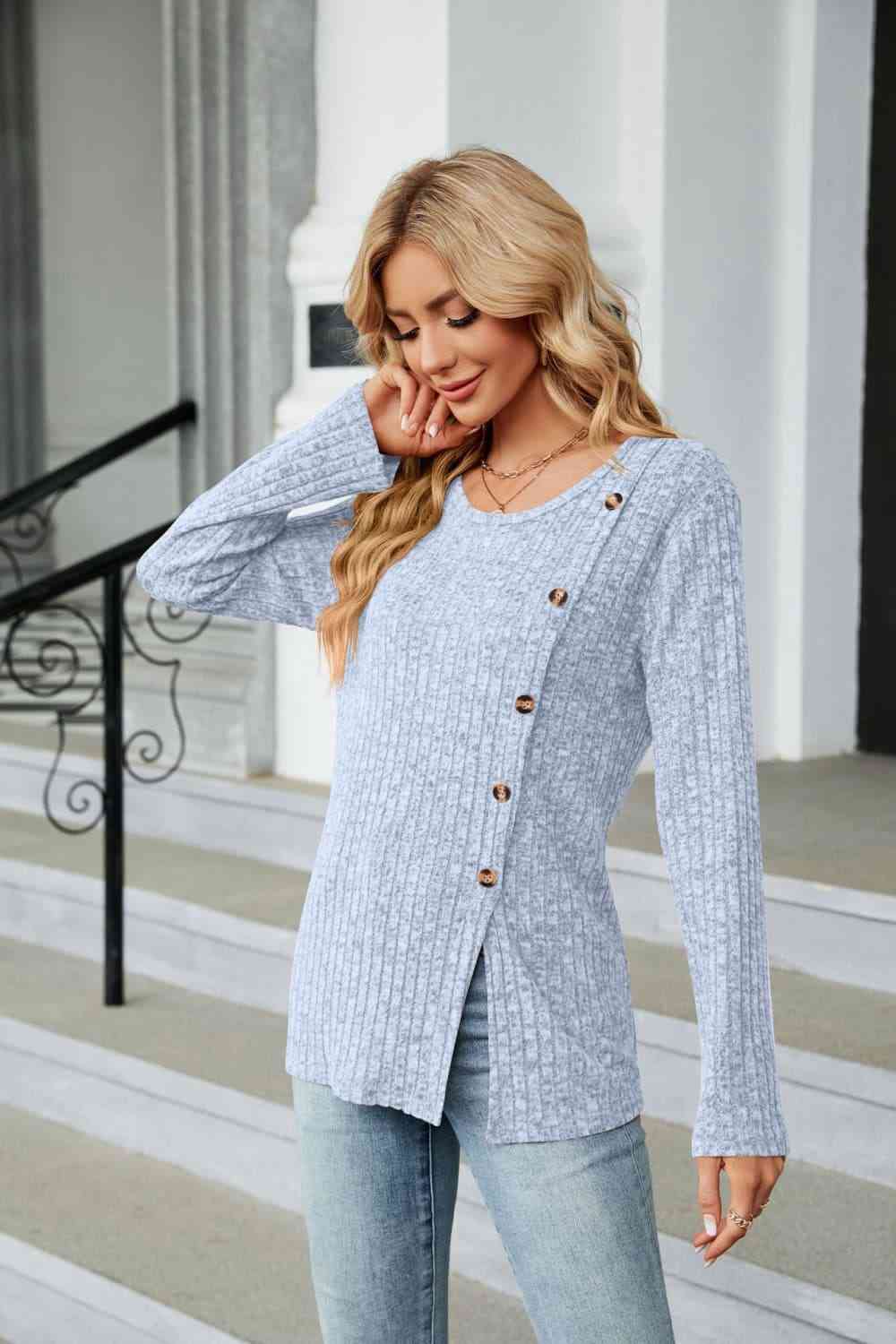 Buttoned Long Sleeve Slit Top - Tigbuls Variety Fashion