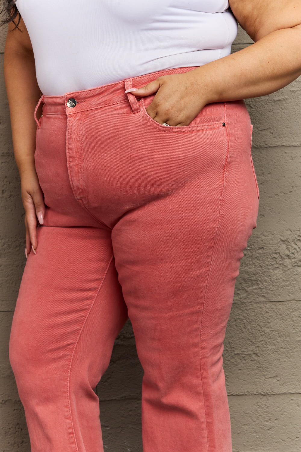 High Waist Side Slit Flare Jeans in Coral Color - Tigbul's Fashion