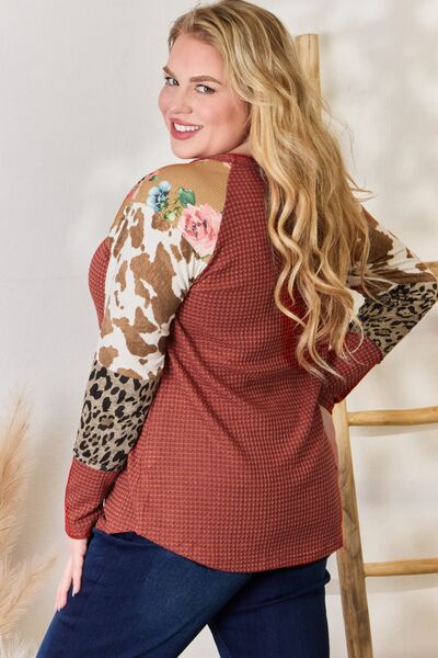 Hailey & Co Full Size Leopard Waffle-Knit Blouse - Tigbuls Variety Fashion