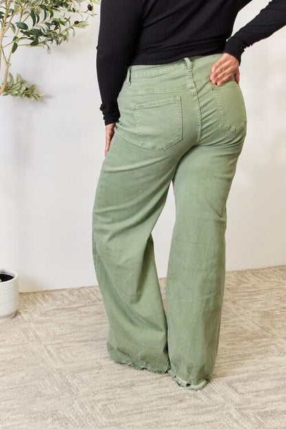 Sage Green Raw Hem Wide-Leg Jeans - Tigbuls Variety Fashion