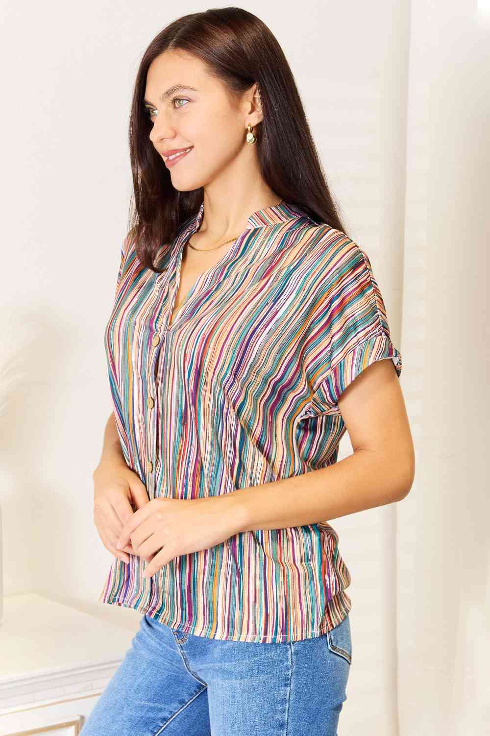 Double Take Multicolored Stripe Notched Neck Top - Tigbuls Variety Fashion