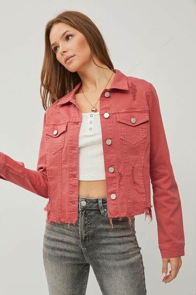 Brick Red Raw Hem Button Up Cropped Denim Jacket - Tigbuls Variety Fashion