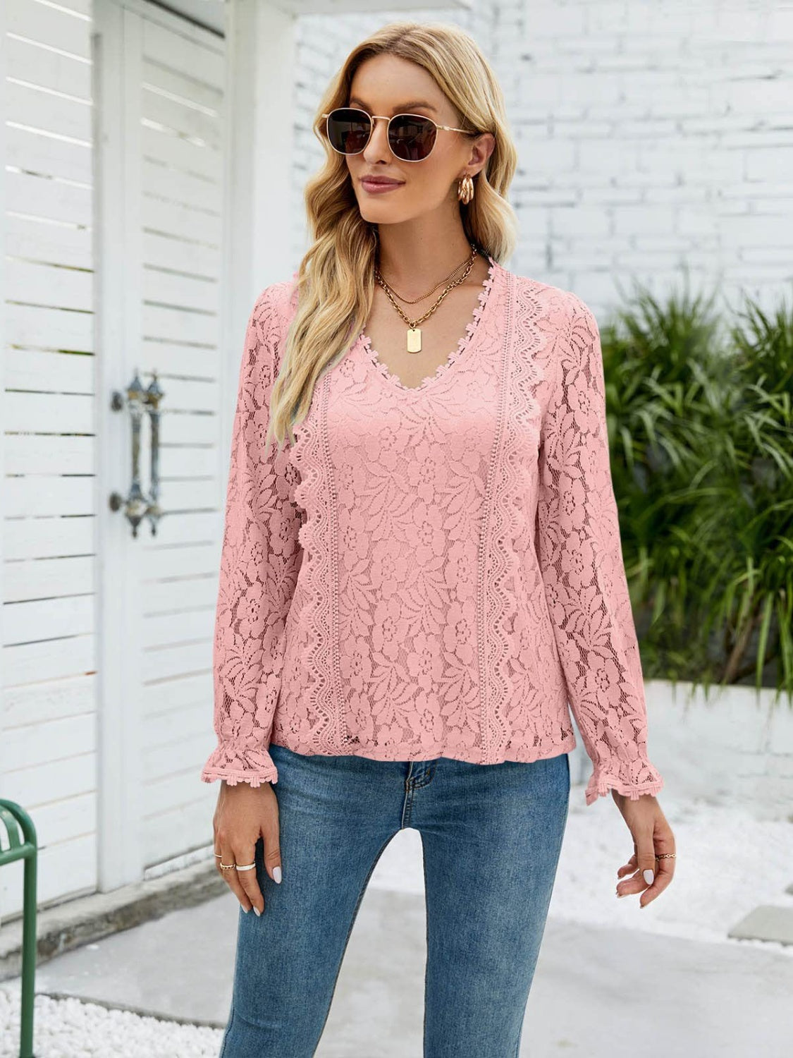 Lace V-Neck Flounce Sleeve Blouse - Tigbuls Variety Fashion