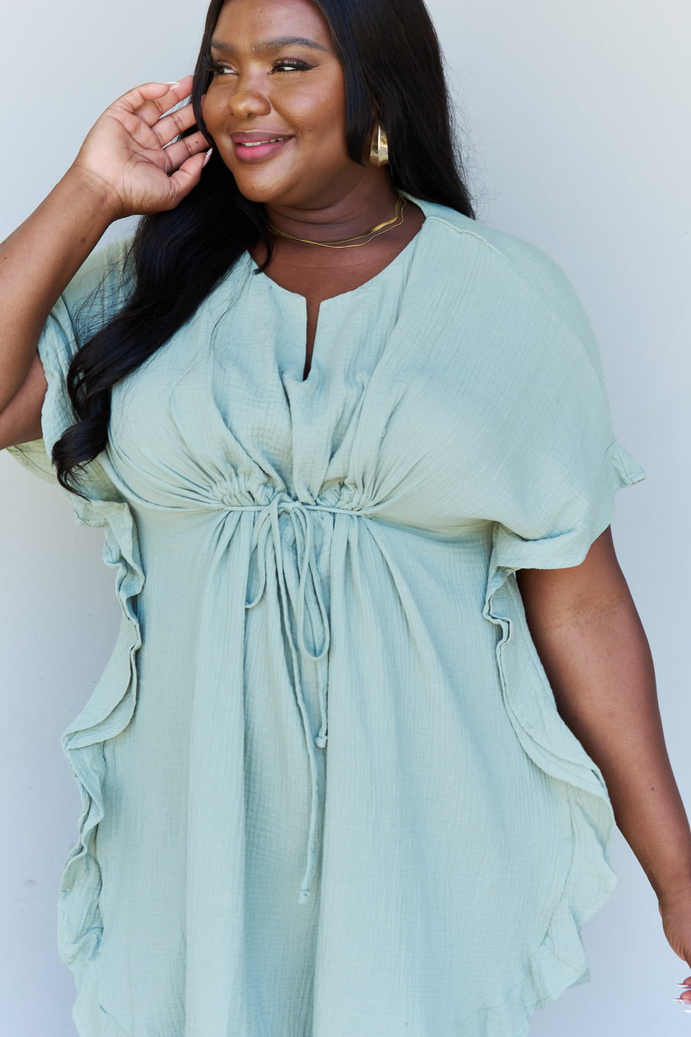 Ninexis Out Of Time Full Size Ruffle Hem Dress with Drawstring Waistband in Light Sage - Tigbul's Fashion