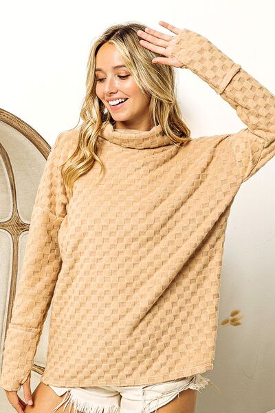 Checkered Long Sleeve Top with Thumbhole in Taupe - Tigbuls Variety Fashion