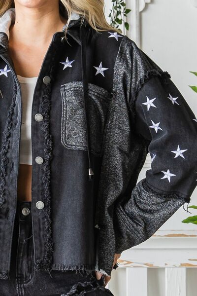 Veveret Star Embroidered Hooded Denim Jacket - Tigbuls Variety Fashion