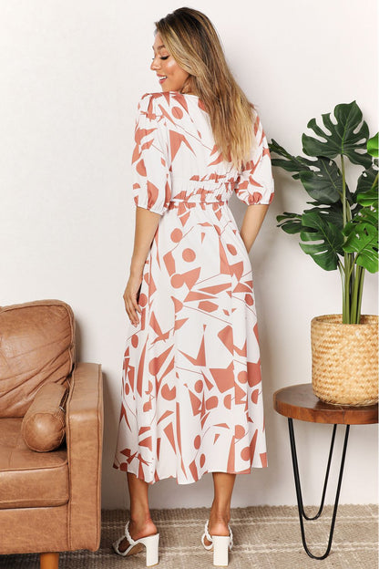 Double Take Printed Surplice Balloon Sleeve Dress - Tigbuls Variety Fashion