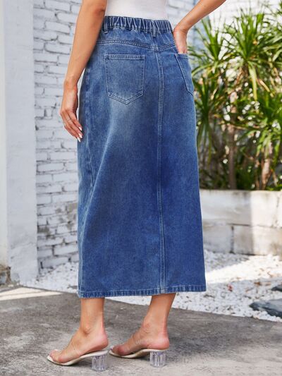 Slit Midi Denim Skirt with Pockets - Tigbuls Variety Fashion