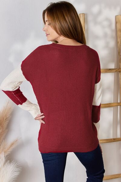 Hailey & Co Full Size Color Block Dropped Shoulder Knit Top - Tigbuls Variety Fashion