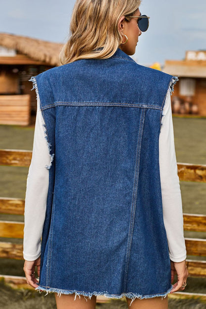 Distressed Button Front Collared Denim Vest with Pockets | Tigbul's
