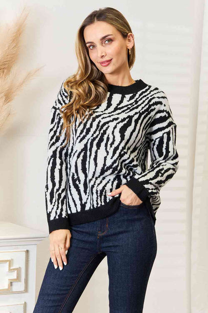  Black/White Zebra Print Pullover Sweater- Tigbuls Variety Fashion