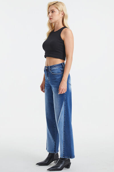 Full Size Run High Waist Two-Tone Patch Wide Leg Jeans- Tigbuls Variety Fashion