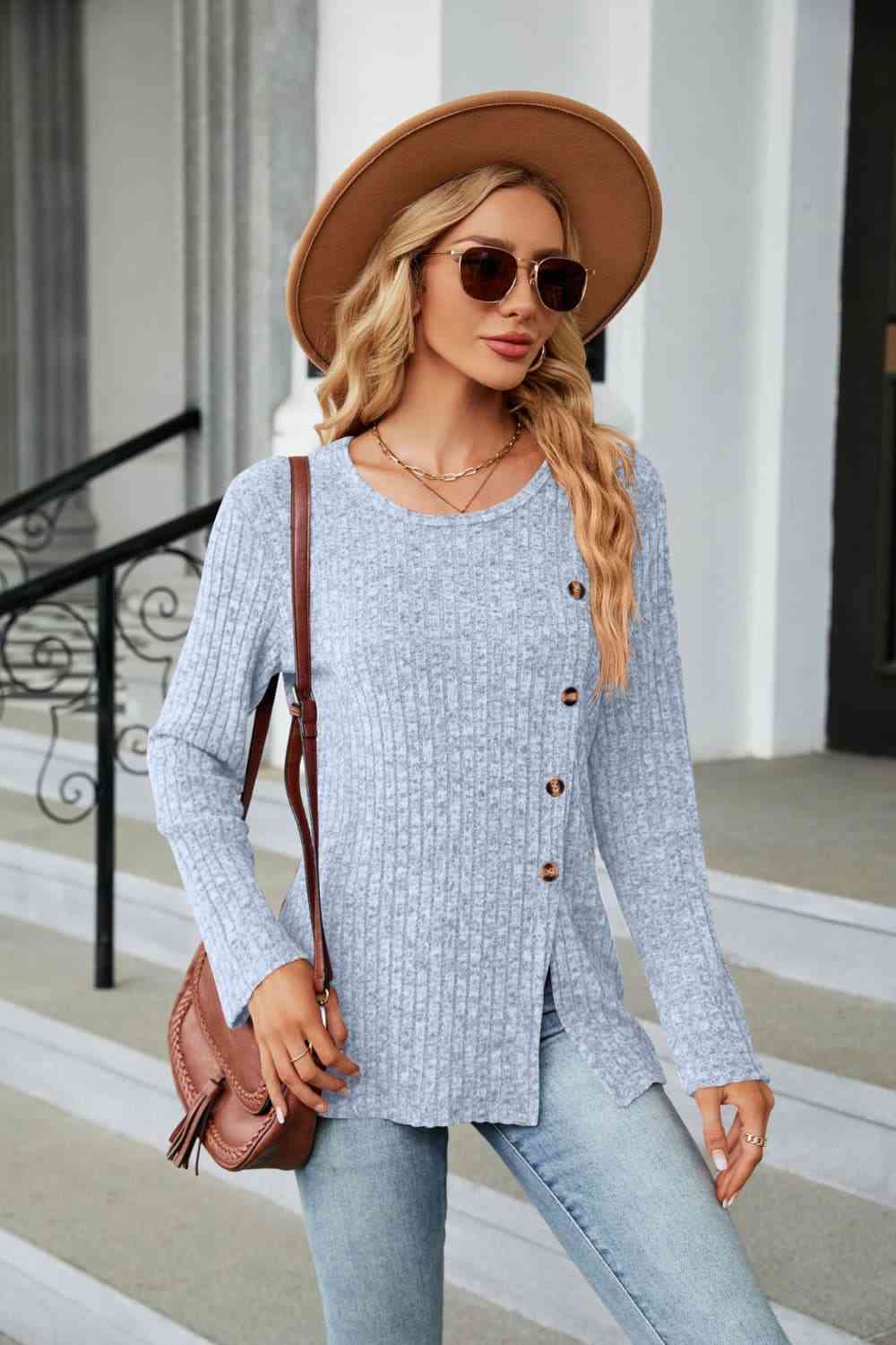 Buttoned Long Sleeve Slit Top - Tigbuls Variety Fashion