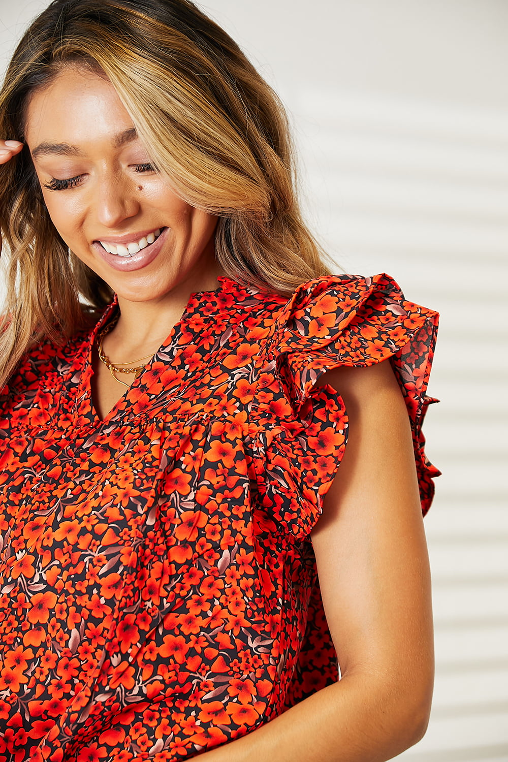 Double Take Floral Flutter Sleeve Notched Neck Blouse - Tigbuls Variety Fashion