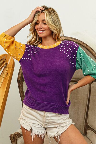 BiBi Color Block Pearl Detail Round Neck Sweater - Tigbuls Variety Fashion