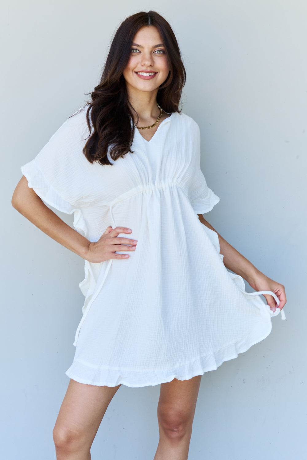 Ninexis Out Of Time Full Size Ruffle Hem Dress with Drawstring Waistband in White - Tigbul's Fashion