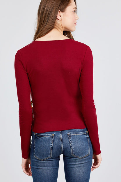 Burgundy Side Buckle Detail Rib Knit Top - Tigbul's Variety Fashion Shop