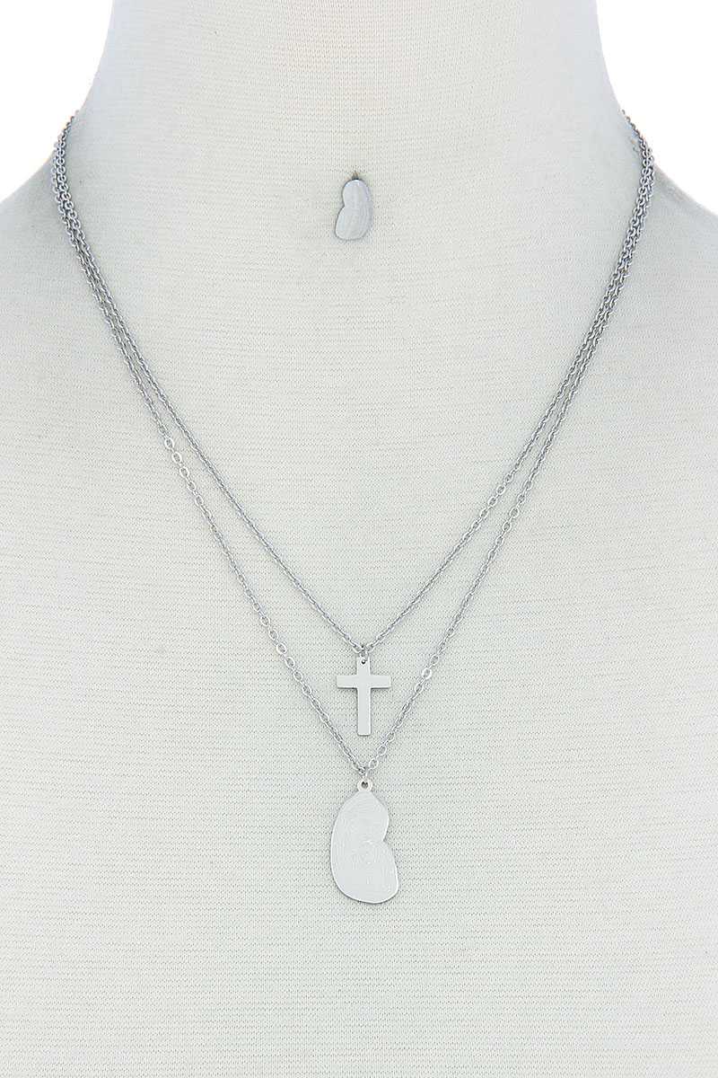 Stylish Double Layer Cross And Mary Necklace And Earring Set - Tigbuls Variety Fashion