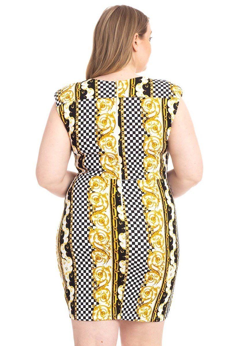 Plus Size Boarder Print  V-neck Bodycon Dress, Yellow | Tigbuls