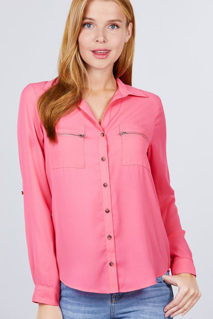 3/4 Roll Up Sleeve Pocket W/zipper Detail Woven Blouse - Tigbuls Variety Fashion