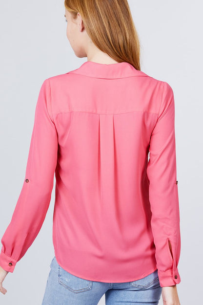 3/4 Roll Up Sleeve Pocket W/zipper Detail Woven Blouse - Tigbuls Variety Fashion