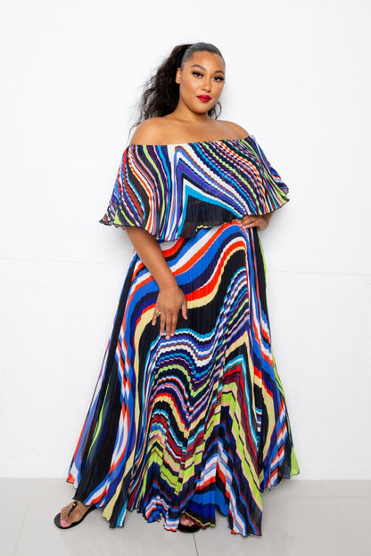 Geo Printed Off Shoulder Pleated Maxi Dress - Tigbuls Variety Fashion