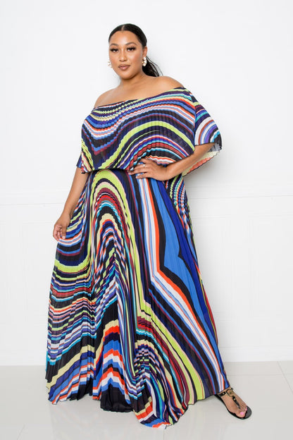 Geo Printed Off Shoulder Pleated Maxi Dress - Tigbuls Variety Fashion