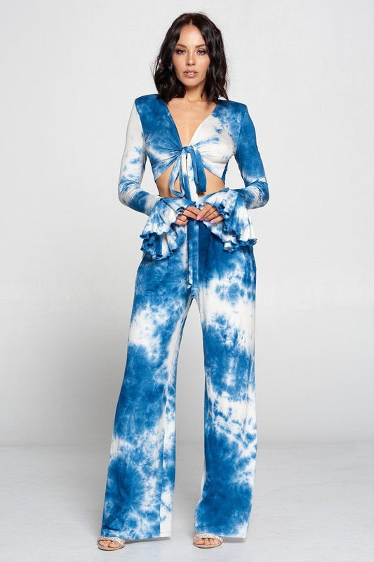 Tie Dye Front Tie Top And Wide Leg Pants Set - Tigbul's Variety Fashion Shop
