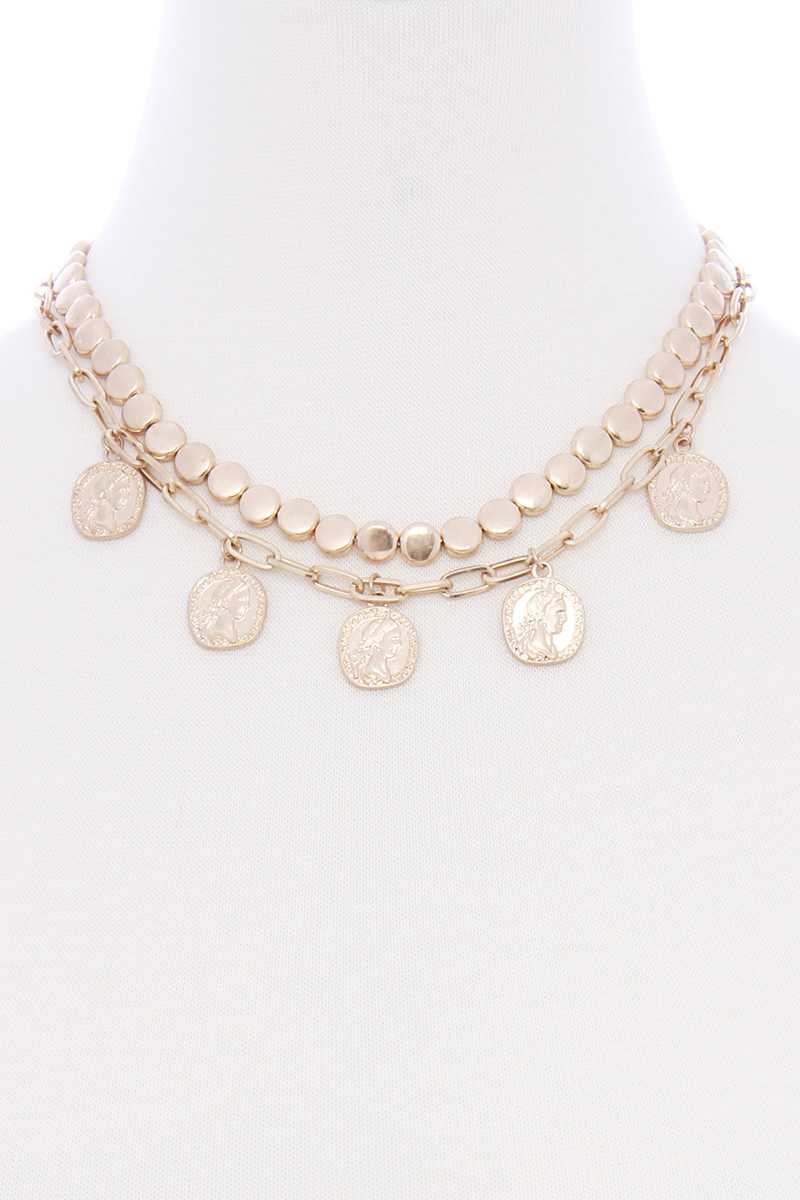 2 Layered Coin Dangle Metal Necklace - Tigbuls Variety Fashion