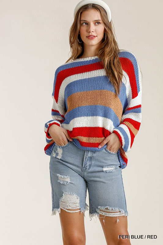 Blue/Red Stripe Long Sleeve Knit Sweater - Tigbuls Variety Fashion
