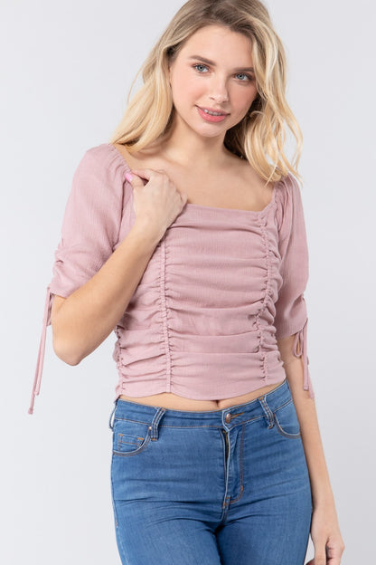 Elbow Slv Smocked Ruched Woven Top - Tigbuls Variety Fashion