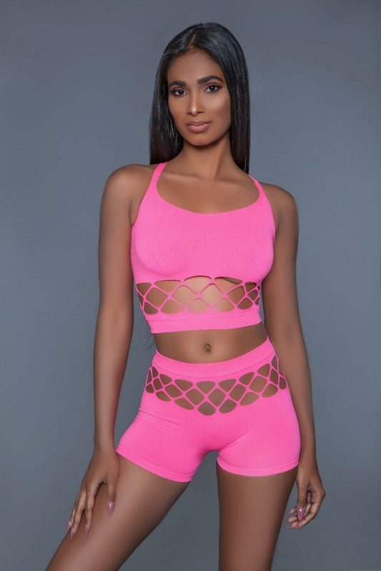 2 pc silk fishnet set that includes a tank crop top with criss-cross cami straps and a pair of high waisted booty shorts - Tigbuls Variety Fashion