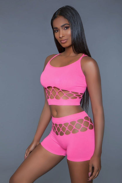 2 pc silk fishnet set that includes a tank crop top with criss-cross cami straps and a pair of high waisted booty shorts - Tigbuls Variety Fashion