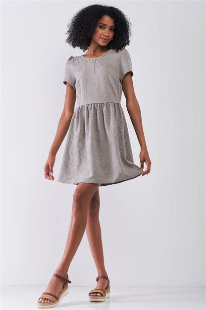 Silver Grey Floral Embroidery Round Neck Short Sleeve Mini Dress - Tigbuls Variety Fashion