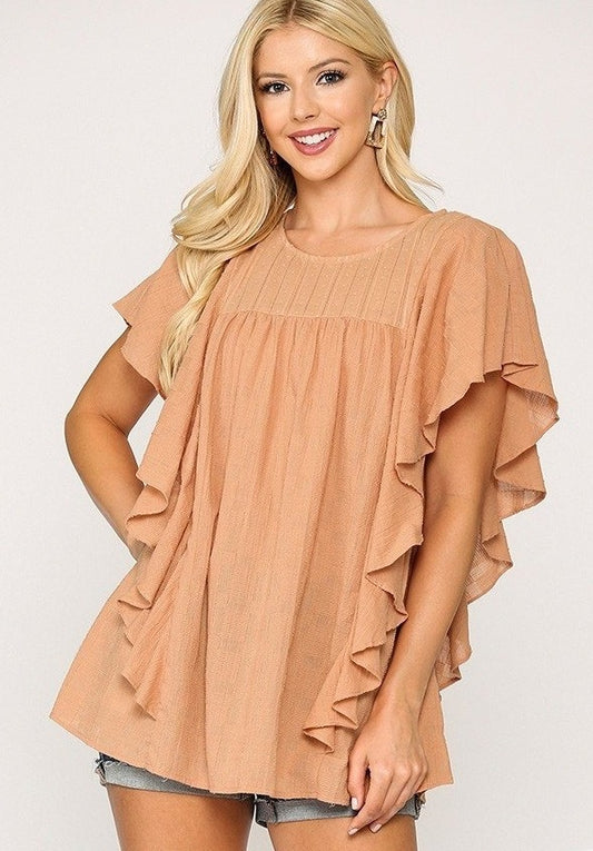 Textured Ruffle Sleeve Tunic Top with Back Keyhole - Tigbul's Variety Fashion Shop