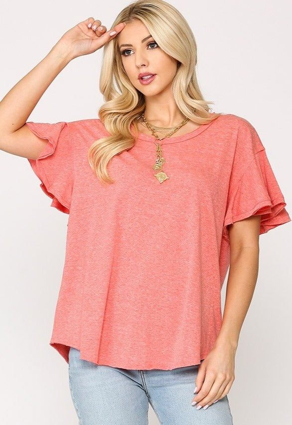 Solid Round Neck Frill Sleeve Top With Scoop Hem - Tigbul's Fashion