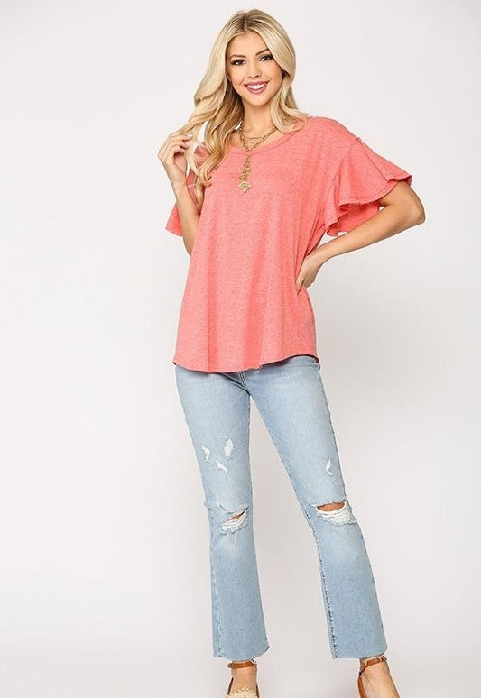 Solid Round Neck Frill Sleeve Top in Coral - Tigbul's Fashion