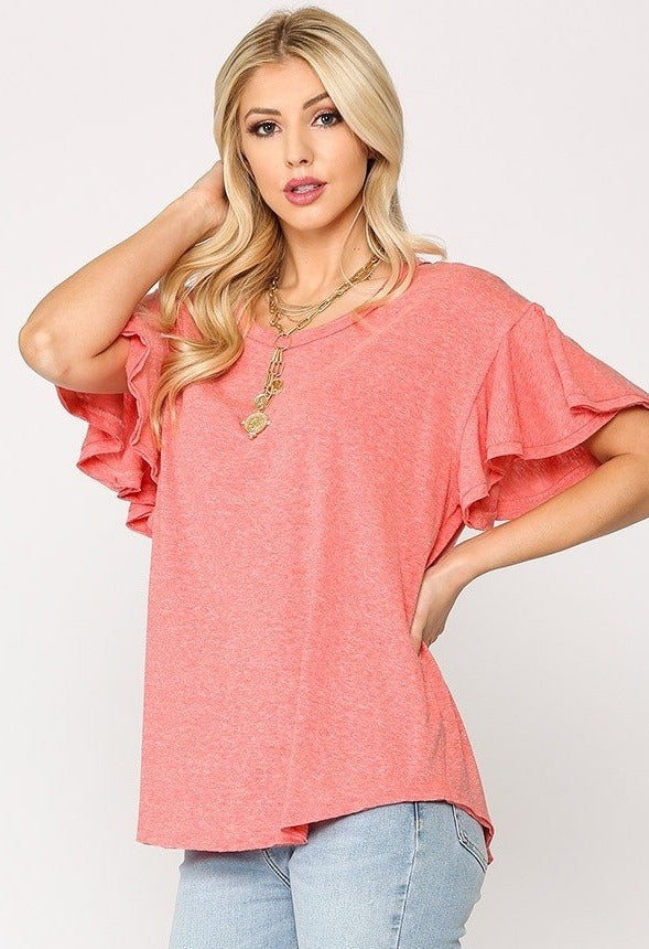 Solid Round Neck Frill Sleeve Top With Scoop Hem - Tigbul's Fashion