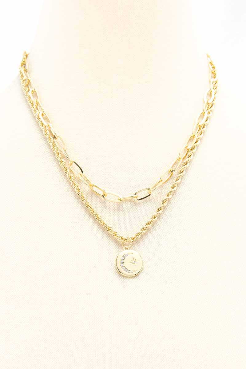 2 Layered Metal Chain Round Pendant Necklace - Tigbuls Variety Fashion